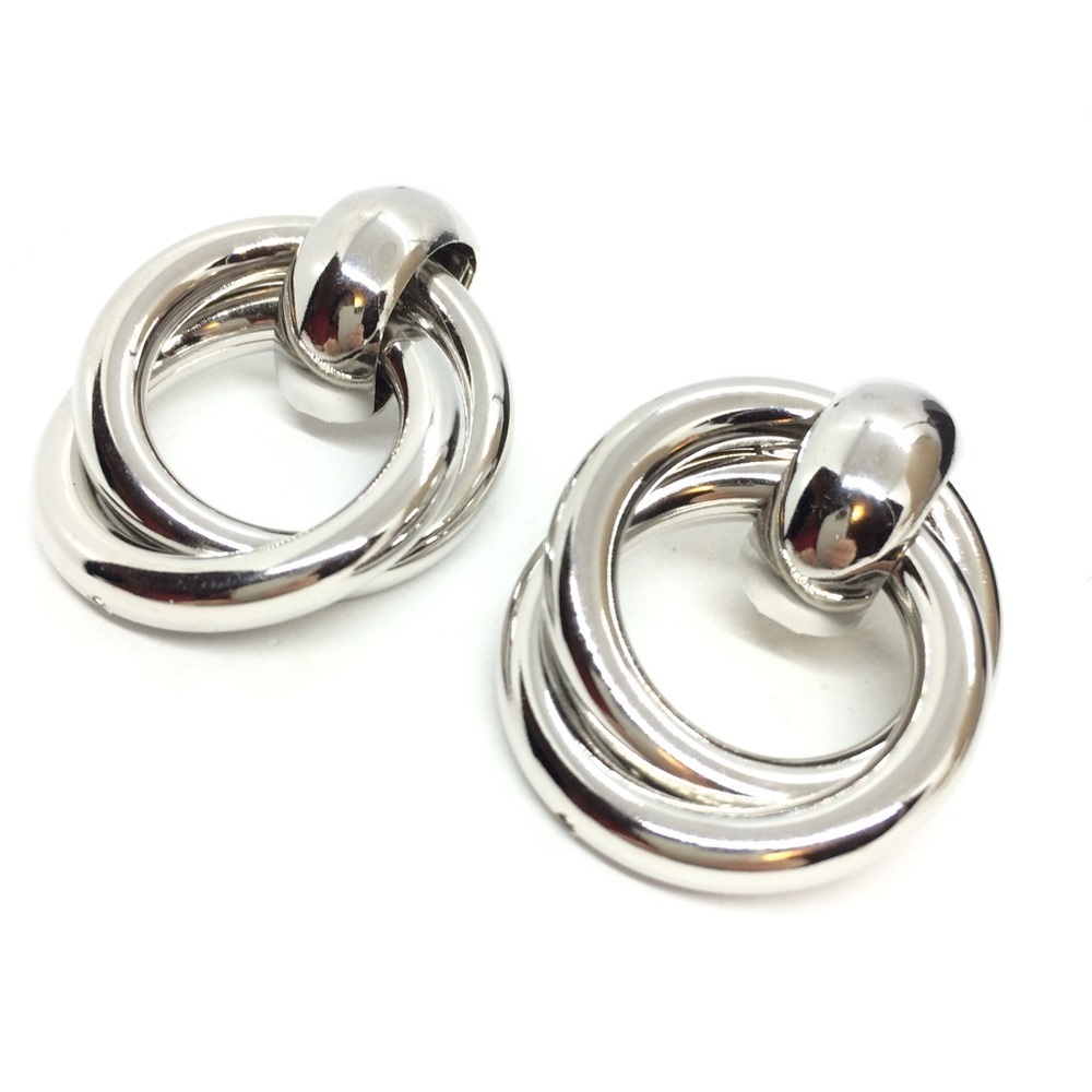 VINTAGE 80S 90S LARGE HOOP EARRINGS DOUBLE CIRCLES SILVER TONE STATEMENT - Picture 7 of 13